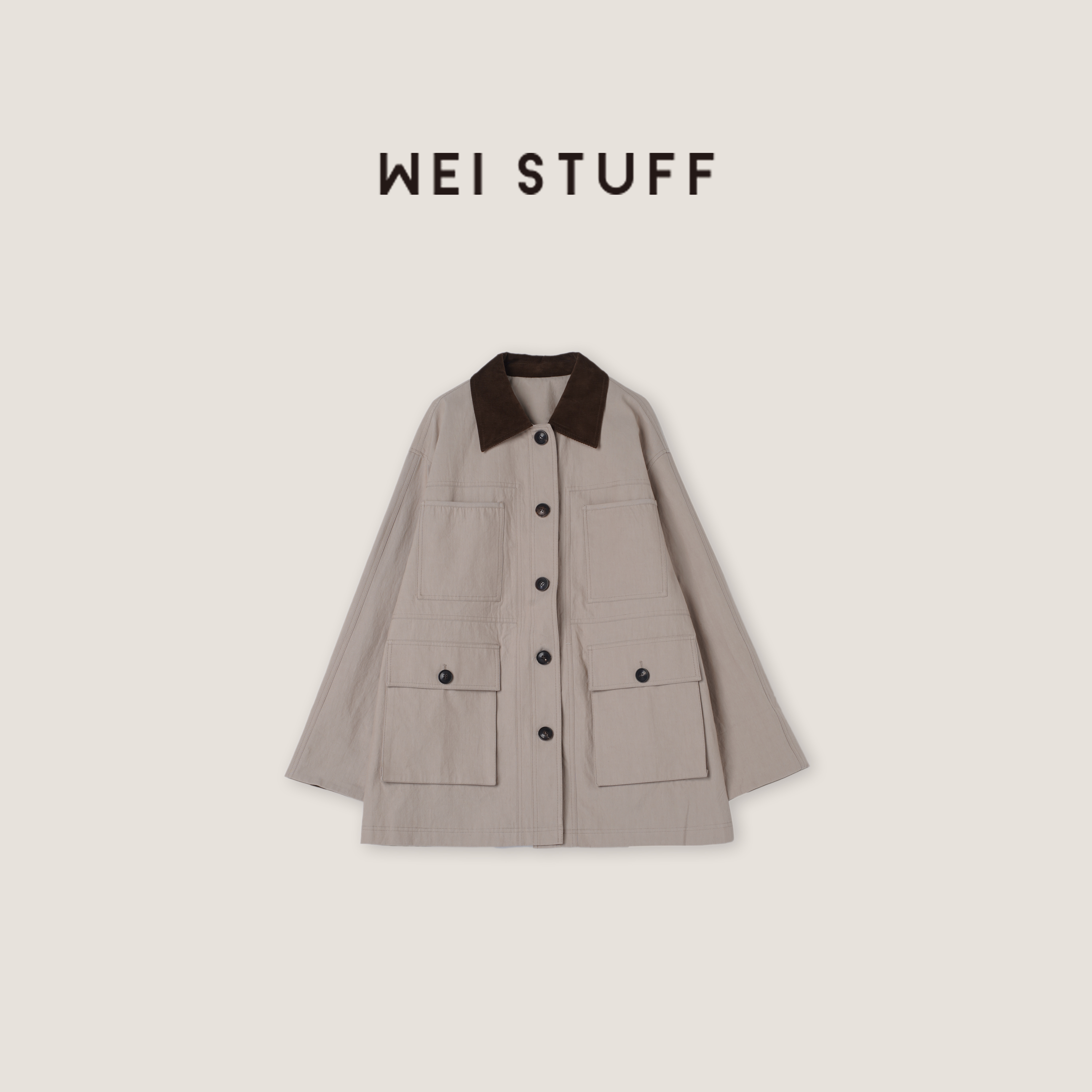 WEI STUFF匹马棉时尚宽松撞色拼接中长款风衣外套 8734S