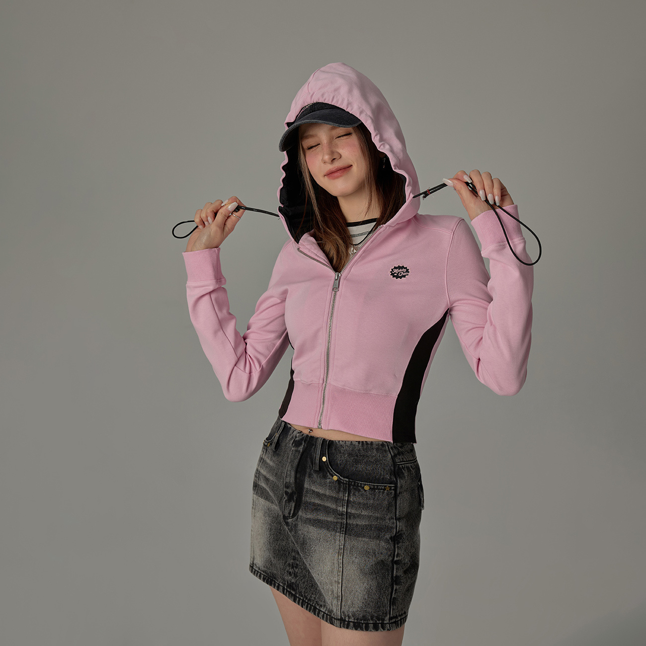 C016【金拐子专属】CHUU星星印花设计撞色连帽叠穿拉链卫衣外套-F