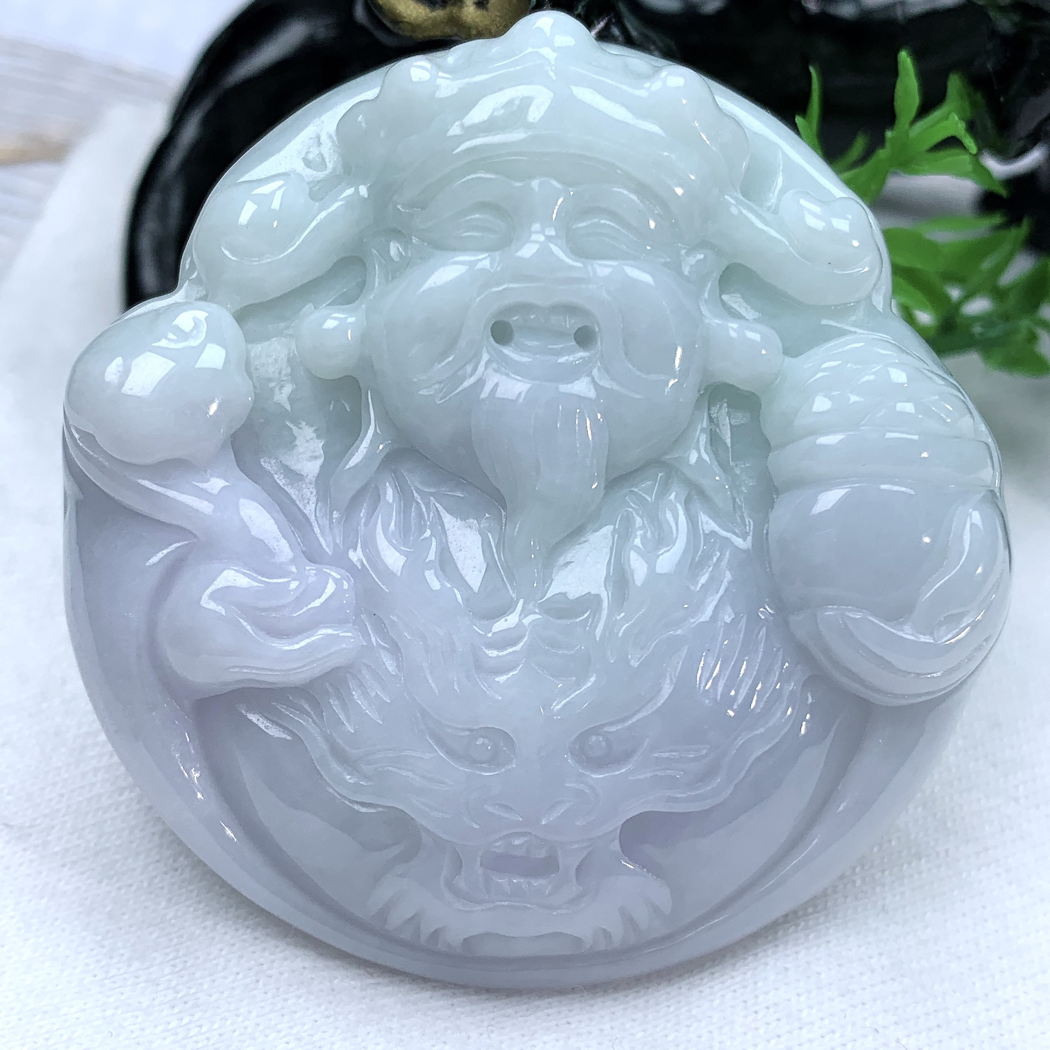 天然缅甸翡翠A货粉紫罗兰财神爷吊坠玉牌51.2−50.5−11.6mm