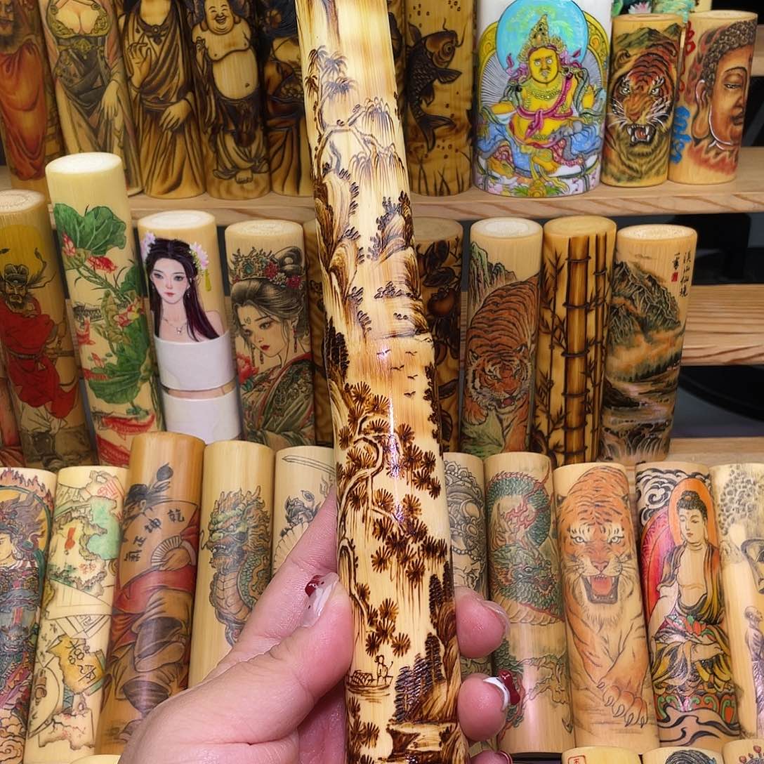 实心竹手工作品烙刻手持山水福利