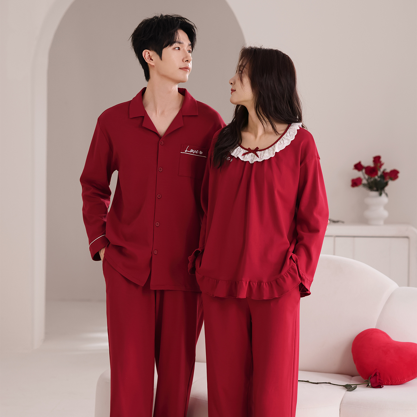 红色喜庆秋冬季纯棉情侣家居服套装舒适时尚透气亲肤精美领口蕾丝