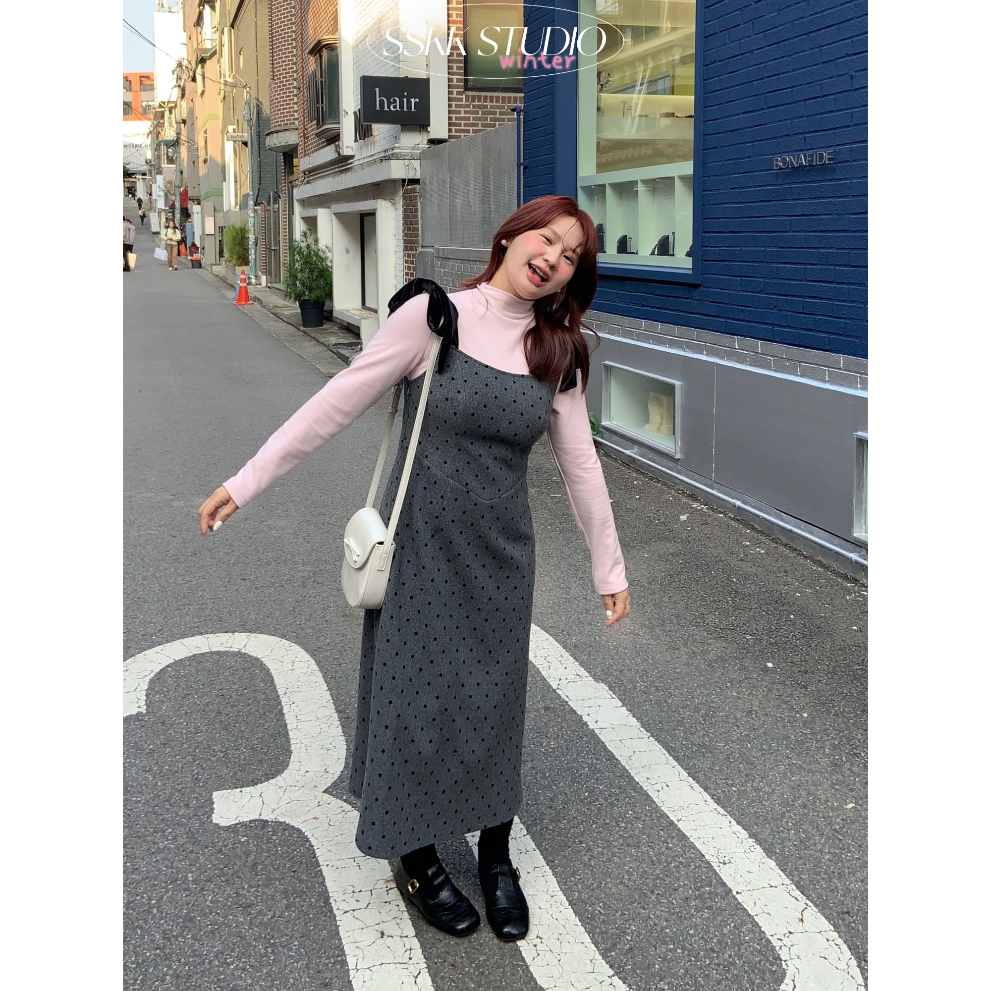 KMZY/KMZY山_山【韩女思路】微胖韩版弹力打底绑带波点假两件连衣裙