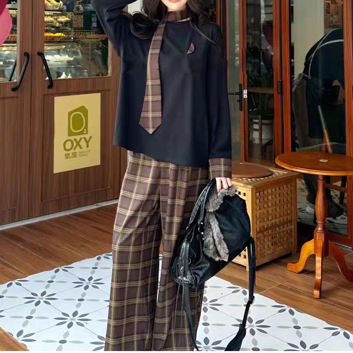 RAQTZ10201秋冬设计感时髦百搭叠穿格子飘带潮流套装女