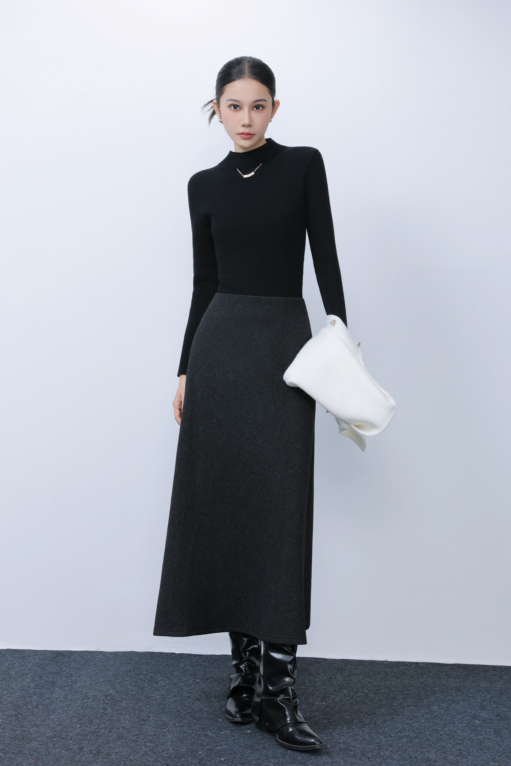 兰菲衣度8252冬季醋酸羊毛时尚百搭显瘦气质加厚A字版半身长裙