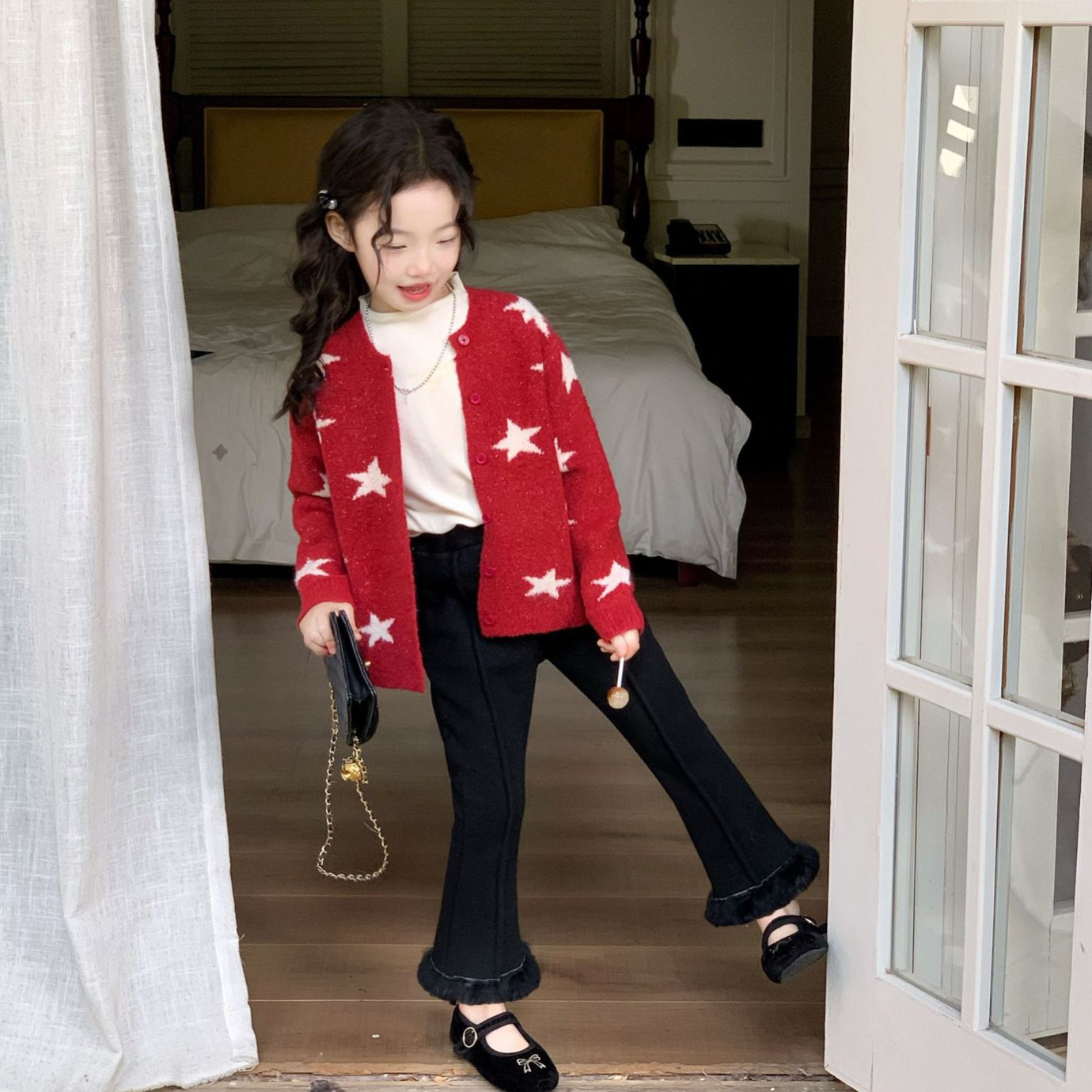 空空子.Studio【星星与微喇】女童加绒喇叭裤2025冬季洋气毛衣套装