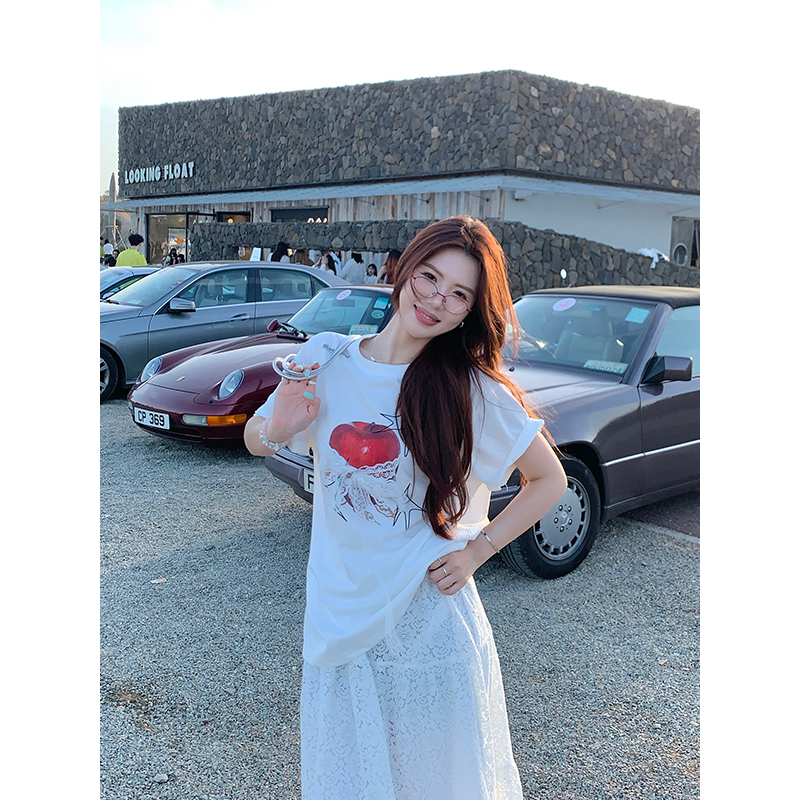 【现货回归轻松派】甜辣多多2025新韩系甜酷印花T恤宽松蝴蝶结上衣