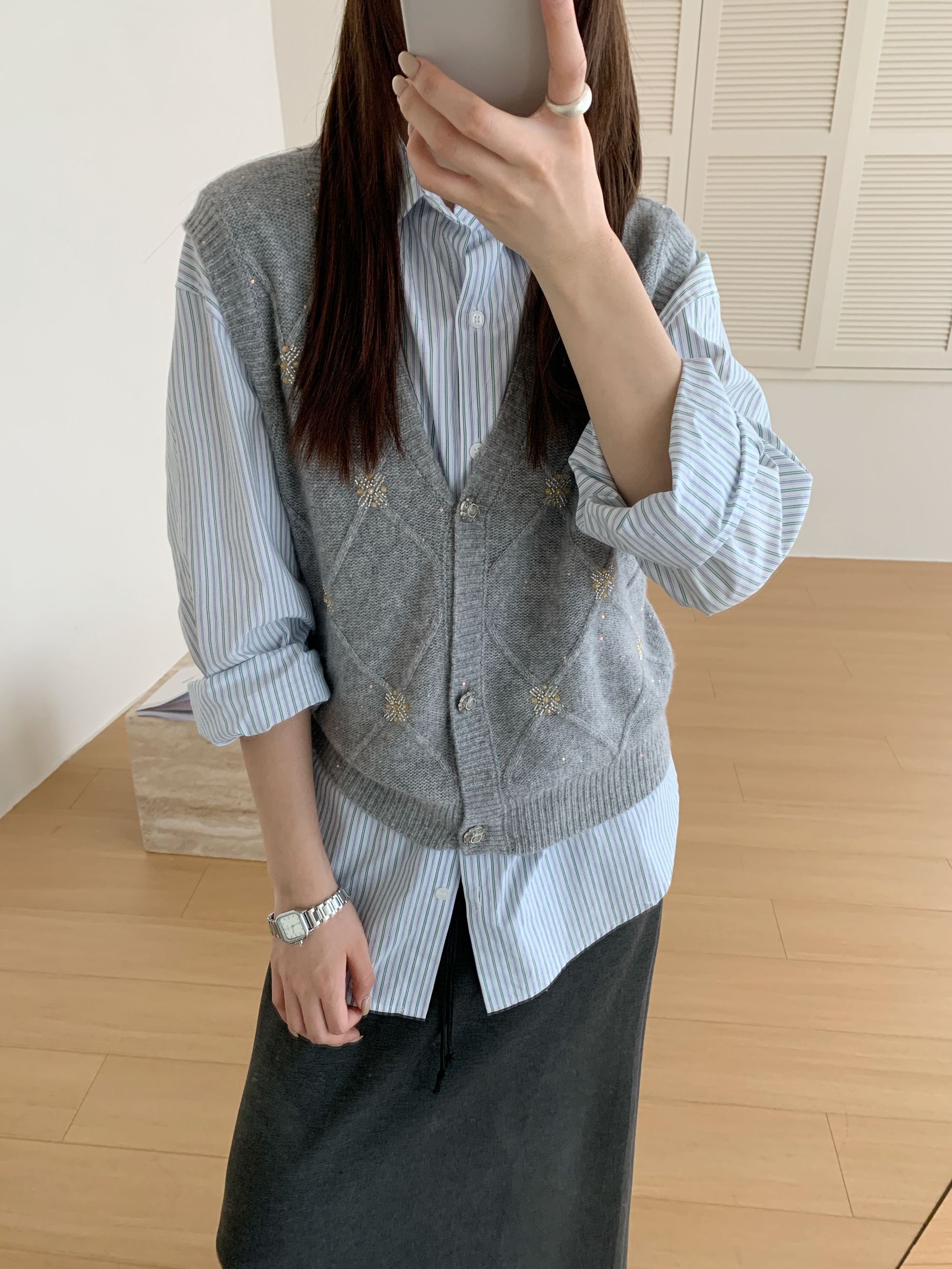 【素简.970193】秋冬新款驼羊绒摒金线珠管阿兰花马甲女装针织衫