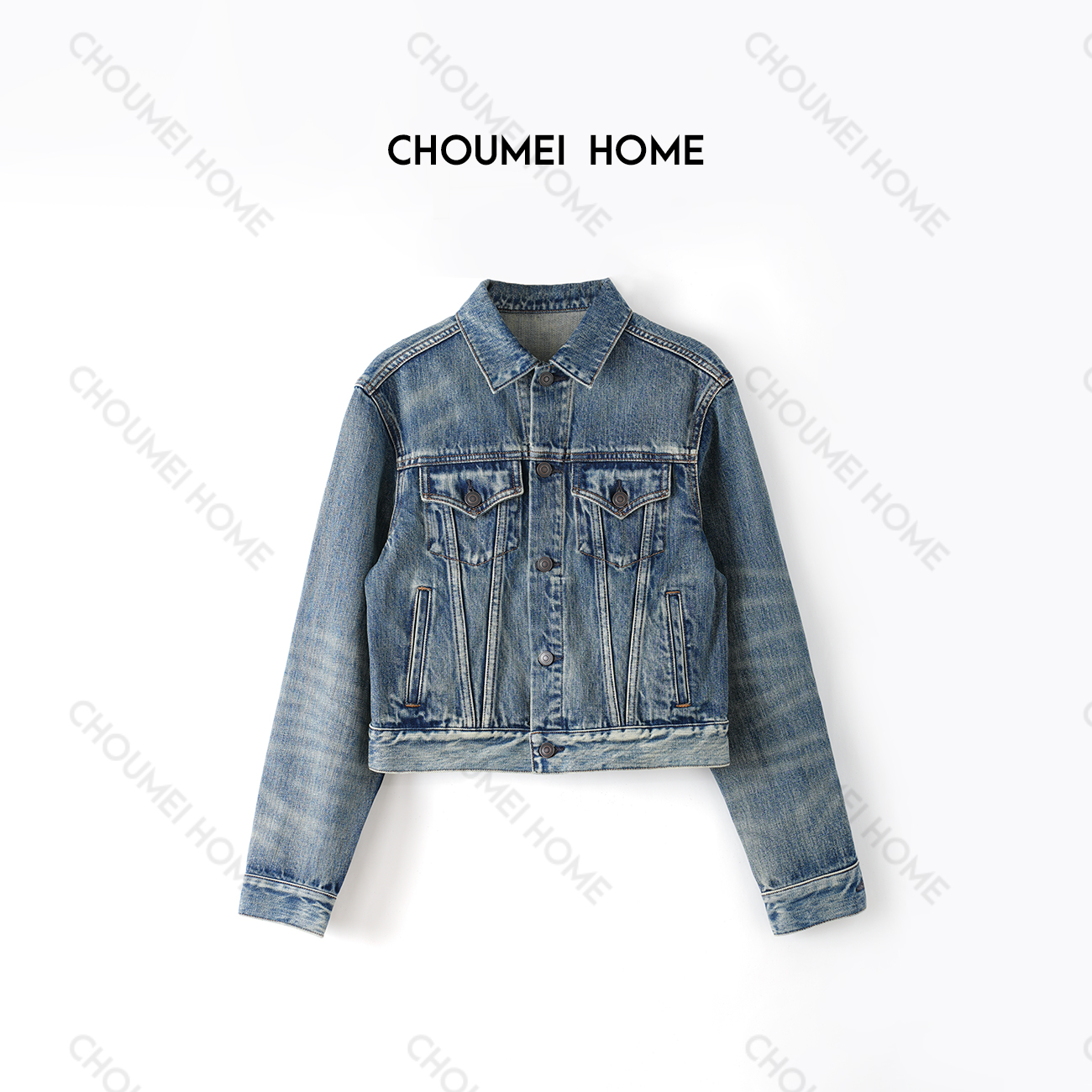 Choumei Home秋冬短款牛仔外套 美式复古翻领百搭气质牛仔夹克