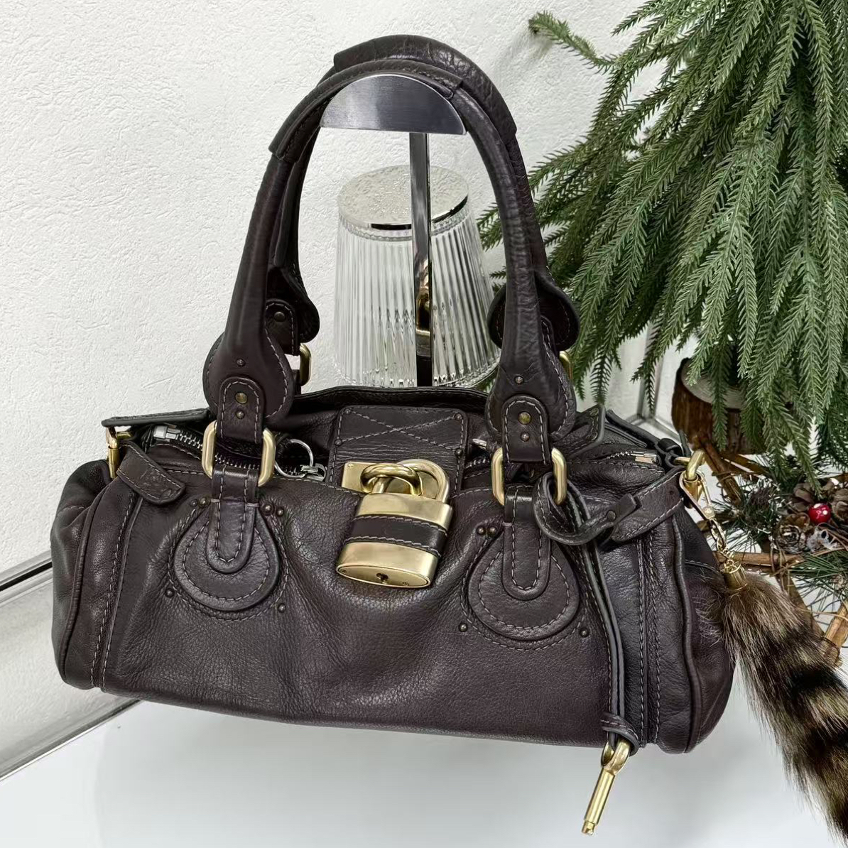 95新 Chloe/蔻依 复古深棕复古帕丁顿锁头单肩包机车包