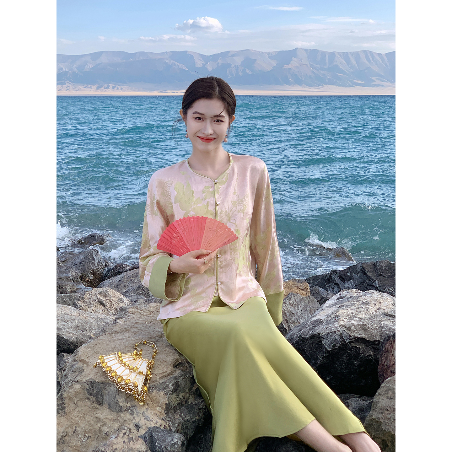 凌茜恣禾【暖画纱】国风新中式芭乐撞色提花半身裙套装唐装裙子