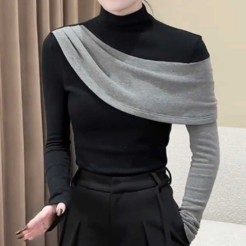 半高领撞色拼接长袖T恤女秋冬新款设计感不规则内搭修身打底上衣