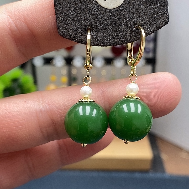 和田玉银S925镀金镶嵌耳饰尺寸14mm