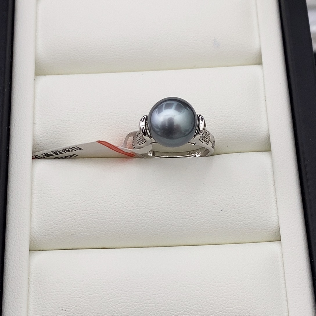 银S925镶嵌戒圈海水珍珠孔雀蓝渐变色戒指11.4mm特价不退换