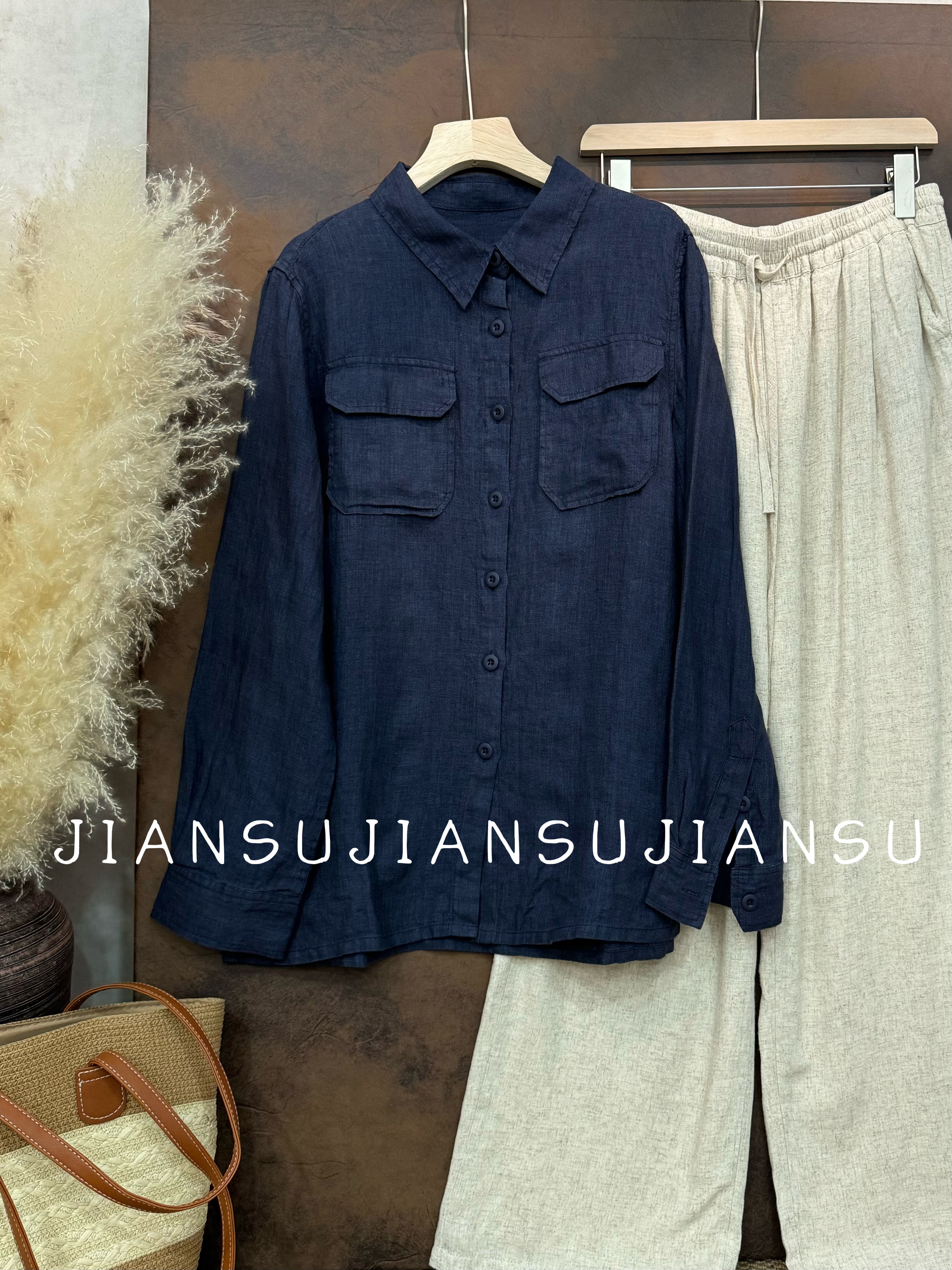 【见素】慵懒风春夏季新款100%色织亚麻衬衣随性感长袖翻领衬衫