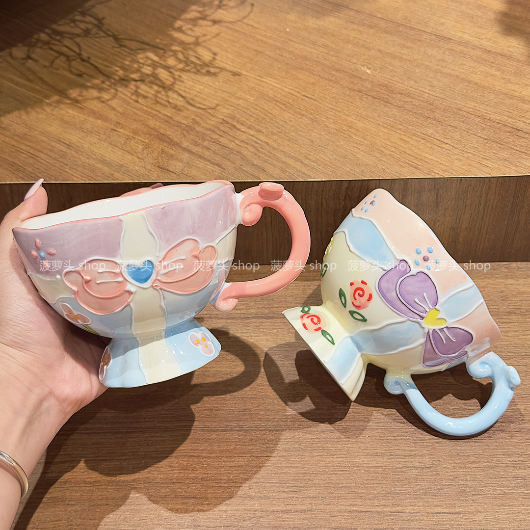 【釉下彩】手作浮雕蝴蝶结马克杯高颜值家用水杯陶瓷杯子早餐燕麦杯