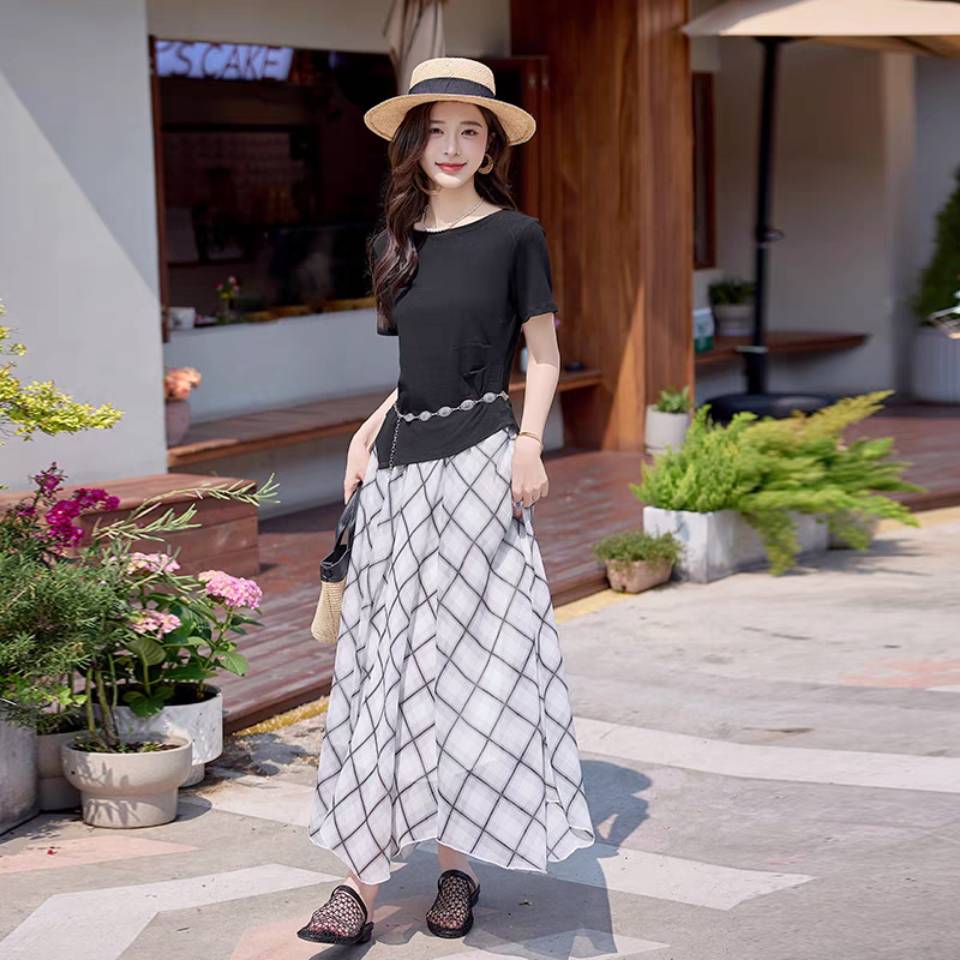 2025夏季设计感修身显瘦短袖T恤上衣半身裙两件套HJ-1816