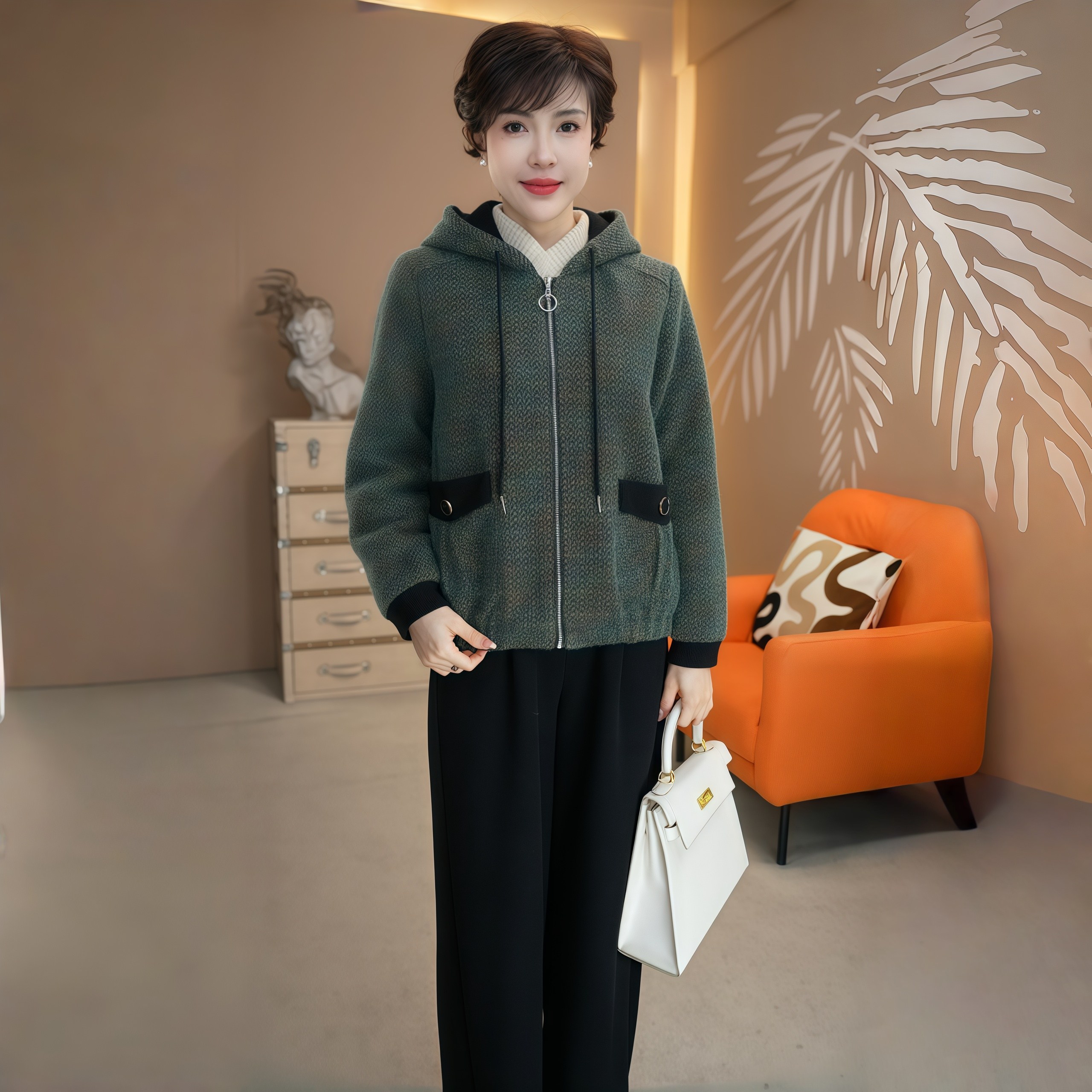 2025年[森屿迷雾]冬季新款原创妈妈装加厚澳绒雅暮墨绿连帽外套