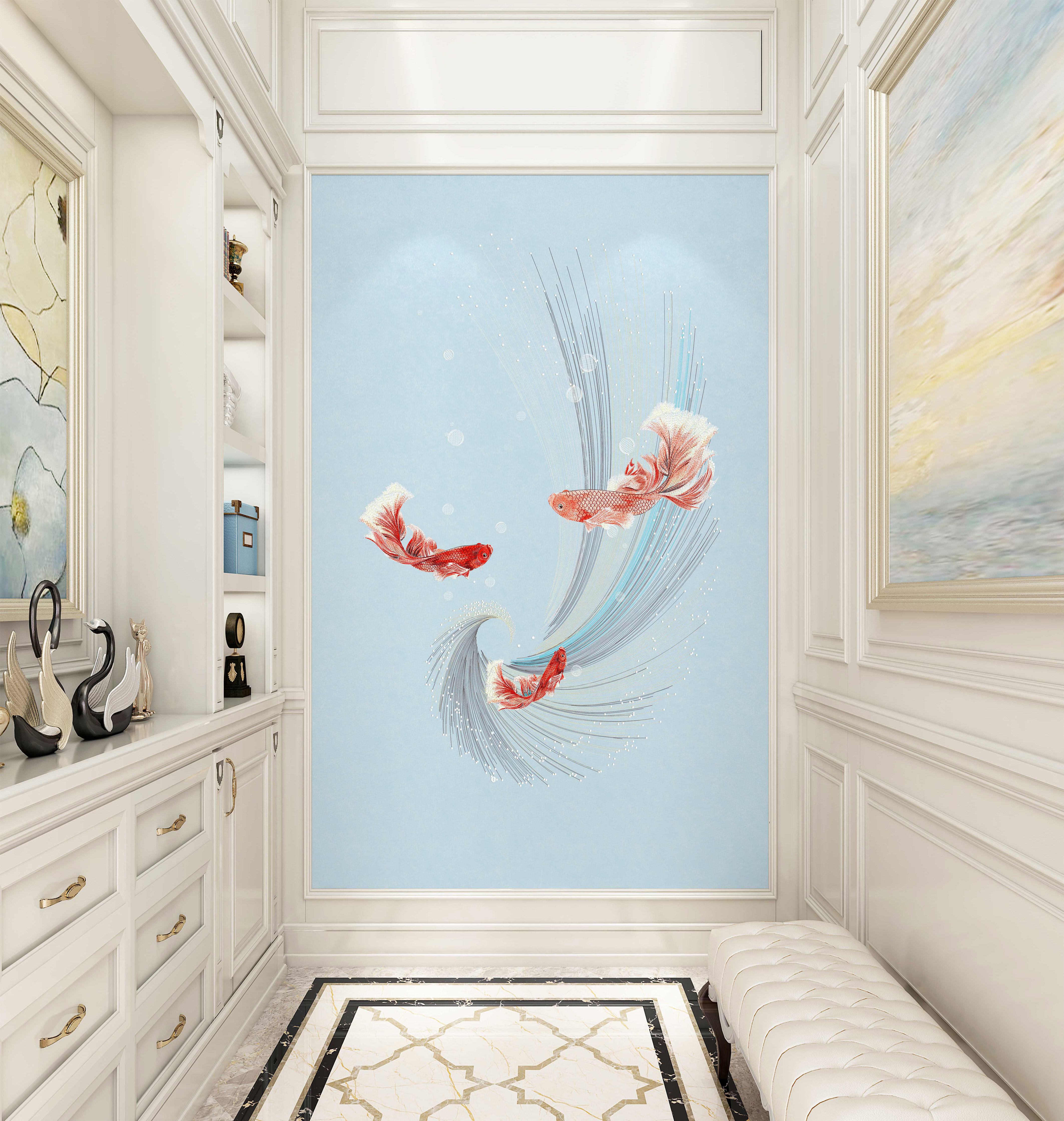 鱼水之情新中式玄关高端刺绣墙布