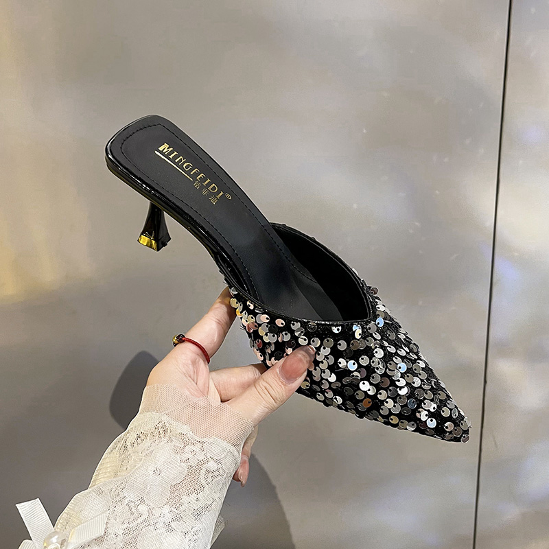 2025高跟拖鞋亮片包头半拖春夏季气质凉鞋凉拖细跟中跟大码女鞋