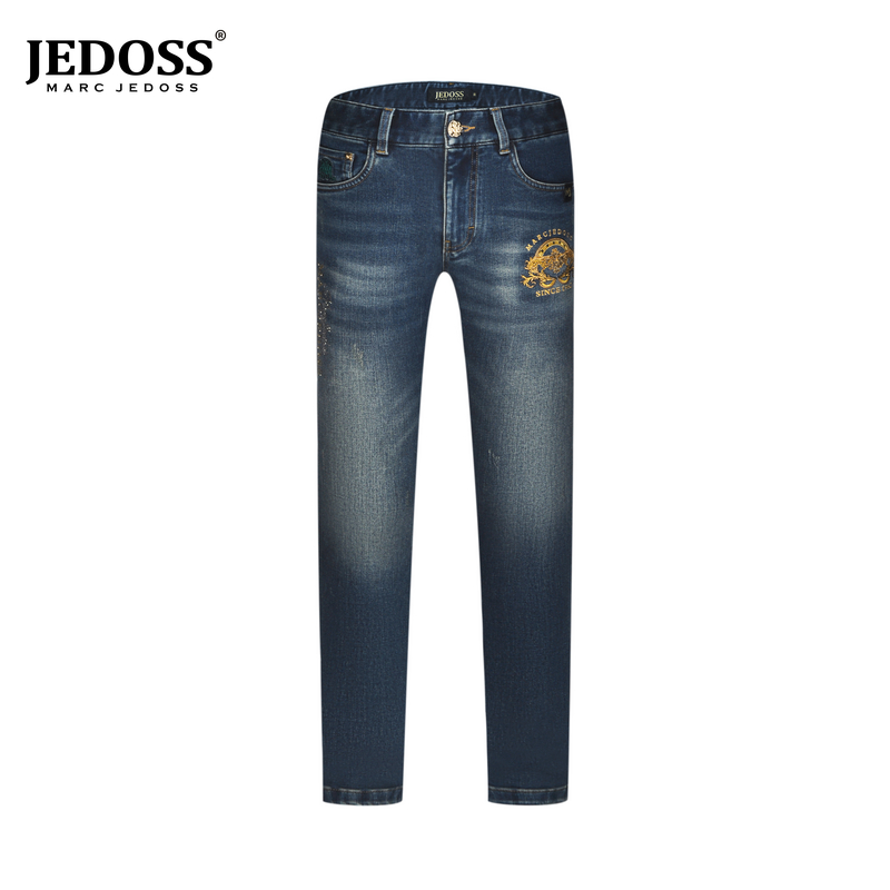 JEDOSS/爵迪斯男装秋冬时尚轻奢章仔金线刺绣蓝色牛仔裤JZ018