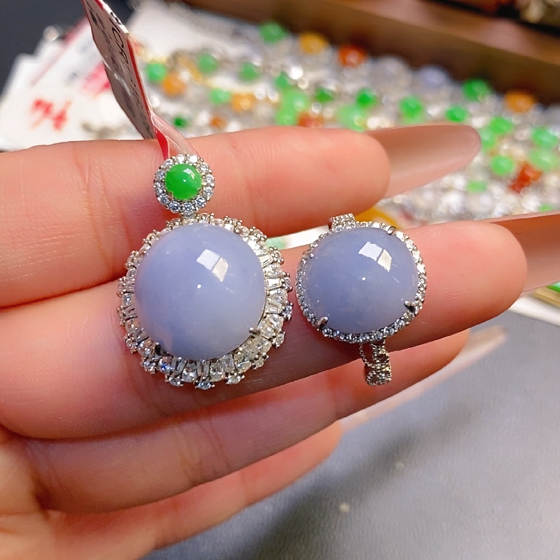 翡翠银S925镶嵌戒指两件套