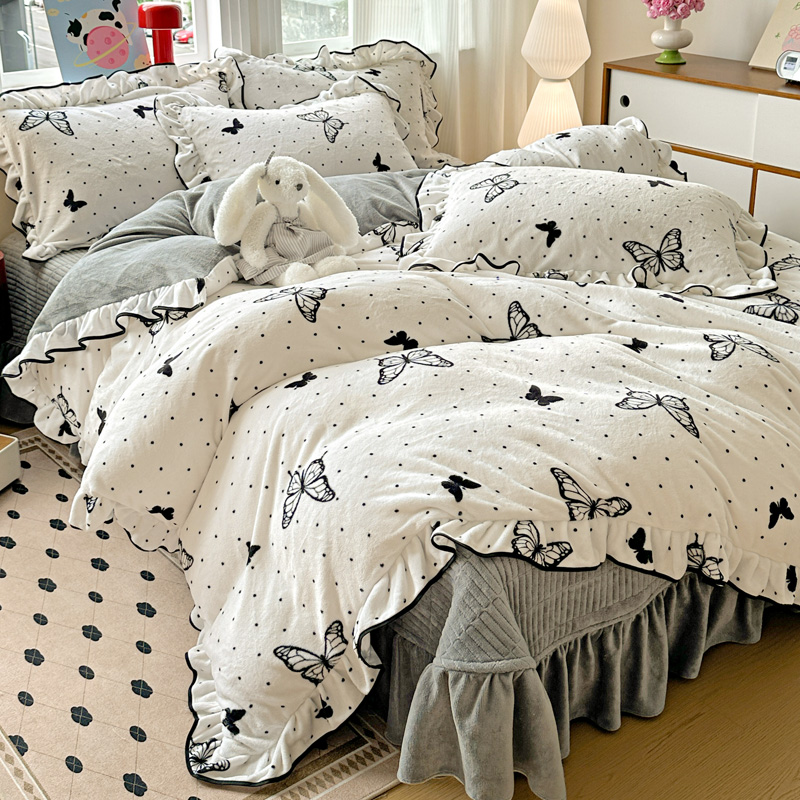 青诗兰悦 加厚牛奶绒花边床盖四件套