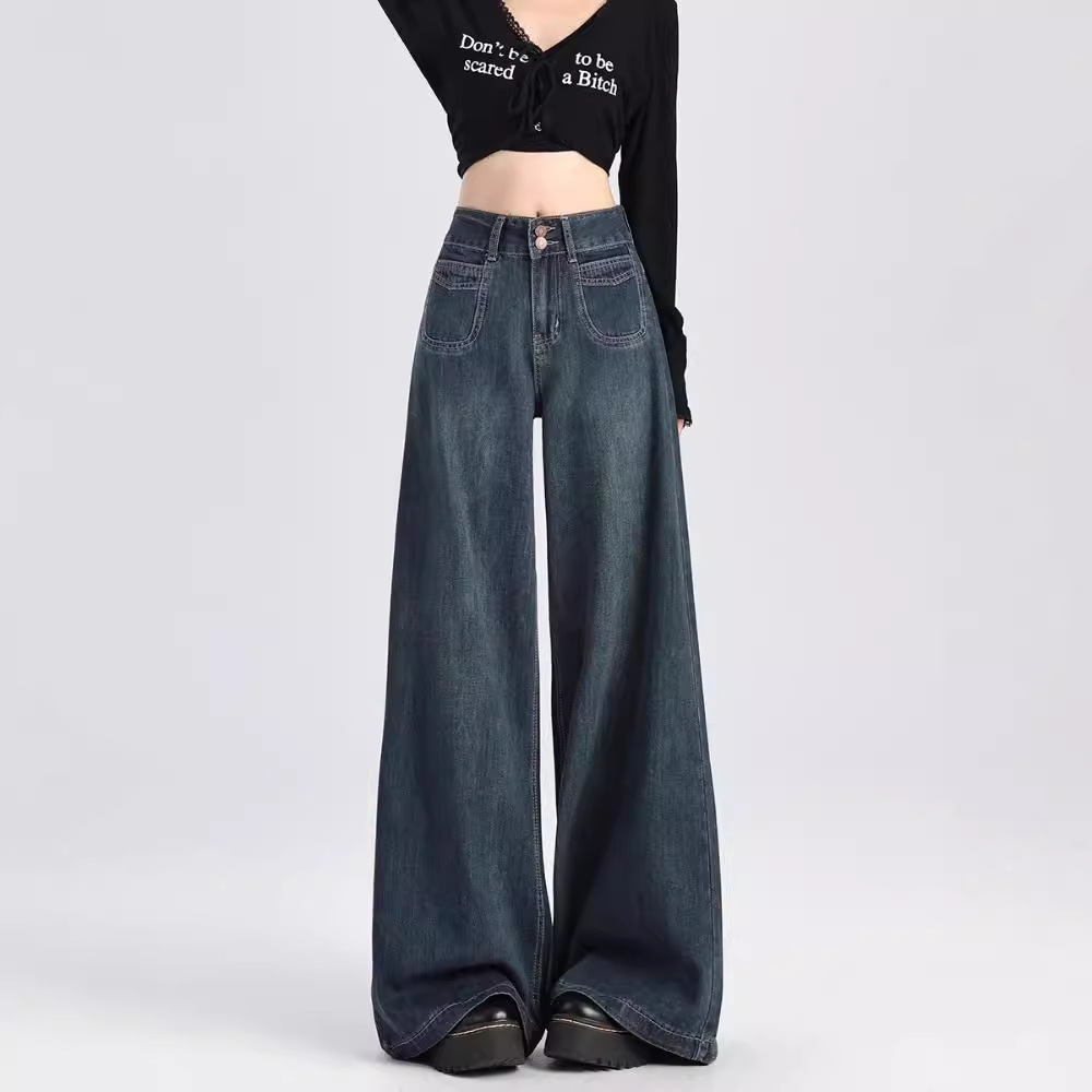 美式复古深蓝阔腿牛仔裤女2024春秋新品高腰宽松拖地裤子显腿长