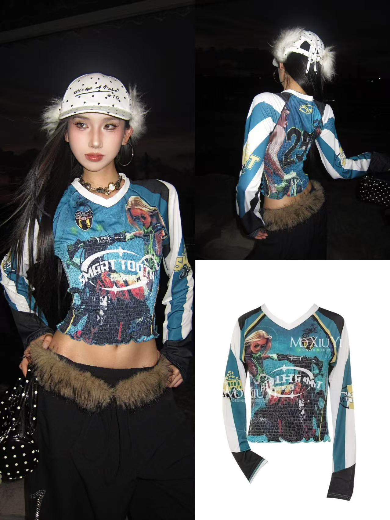 美式花褶皱花边长袖T恤女修身显瘦拼色球服打底上衣+毛毛裤子套装