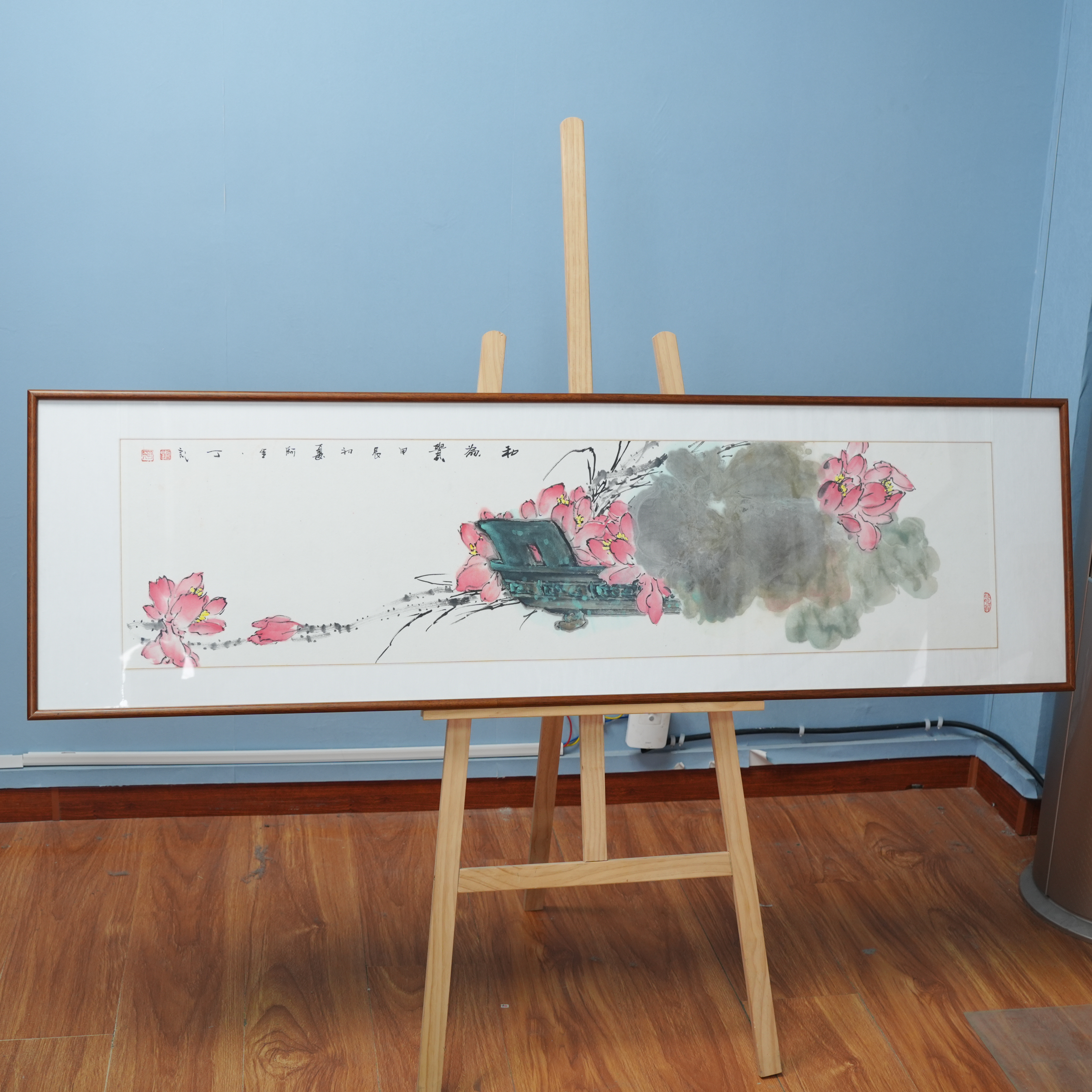 阿里丁作品《和为贵/荷花釜上开修行随自在》纯手绘162*47厘米