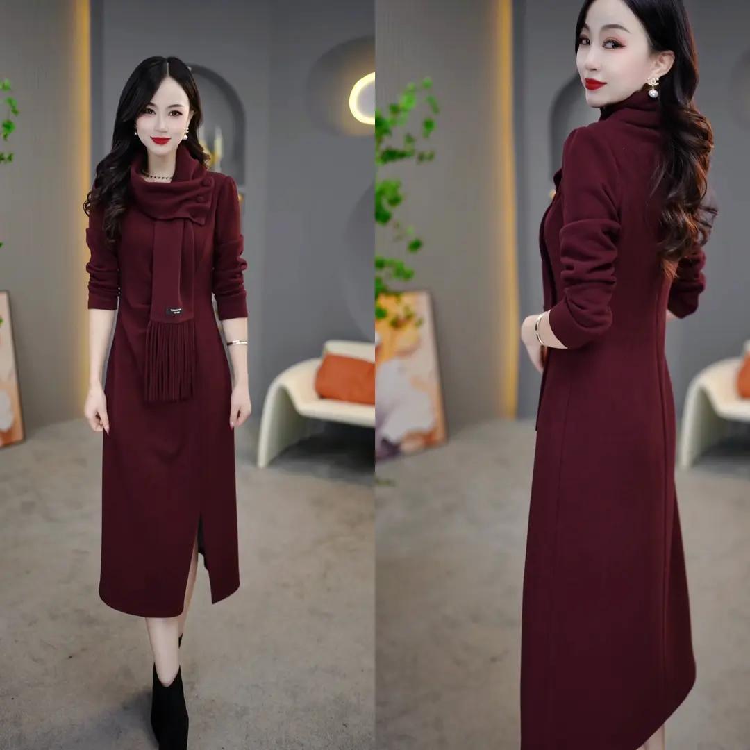 [围巾+裙子]2024秋冬新款薄绒轻奢时尚百搭黑色真两件连衣裙3259