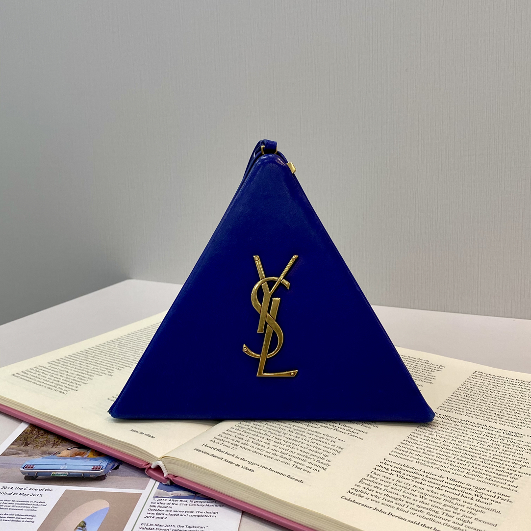 95新 YSL/圣罗兰 蓝色金标 金字塔手包 三角手提包 盒子包