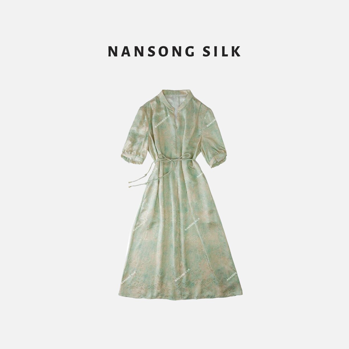 品牌新款桑蚕丝V领花萝短袖连衣裙42214