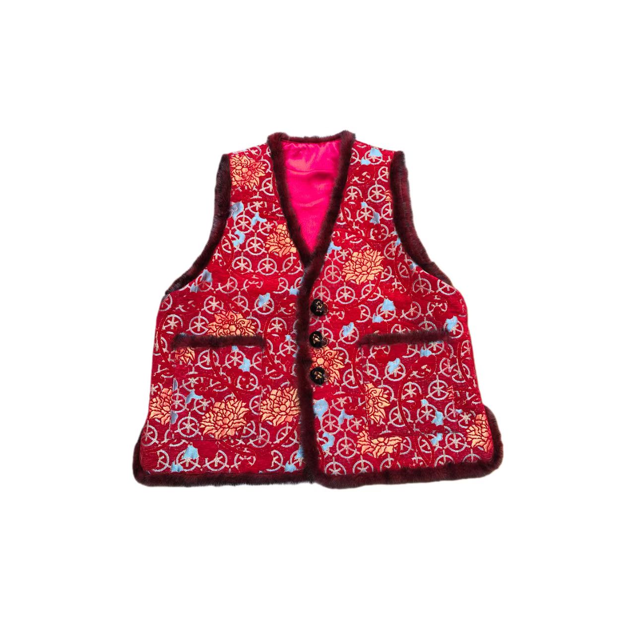 梧桐宝贝【樟绒缎红牡丹】新中式提花貂毛边复古盘扣秋冬轻奢马夹