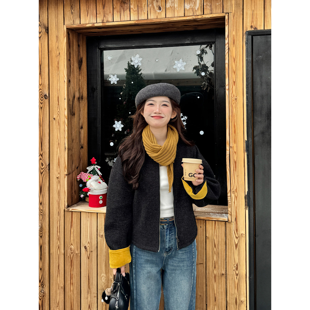 王家有鱼【大姚小姚】小个子慵懒风围脖外套女2025秋百搭显瘦上衣W