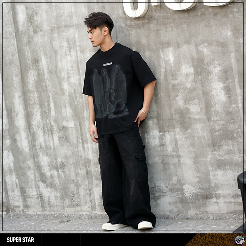 001#男装美式高街宽松阔腿阔版拖地休闲裤重磅口袋拼接工装伐木裤