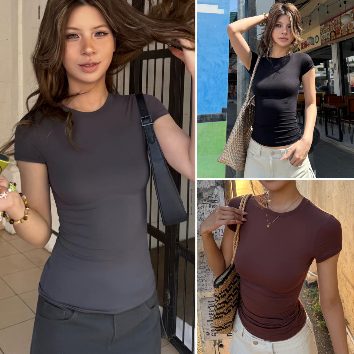 Audwyn零压塑身 kim*同款面料圆领正肩收腰t恤高弹裸感短袖上衣