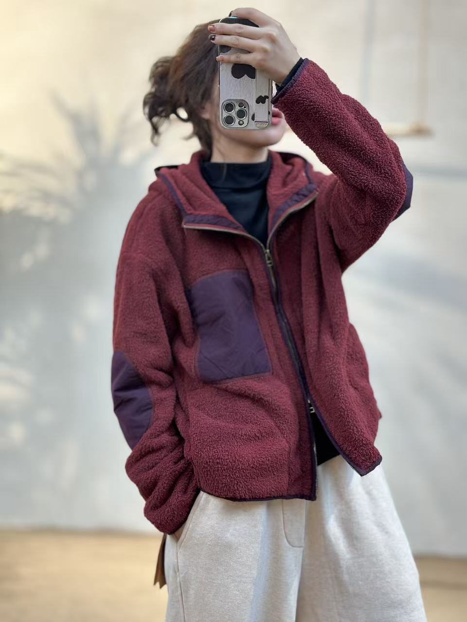 忆古朴拙2578A复古拼接连帽颗粒绒短款休闲外套