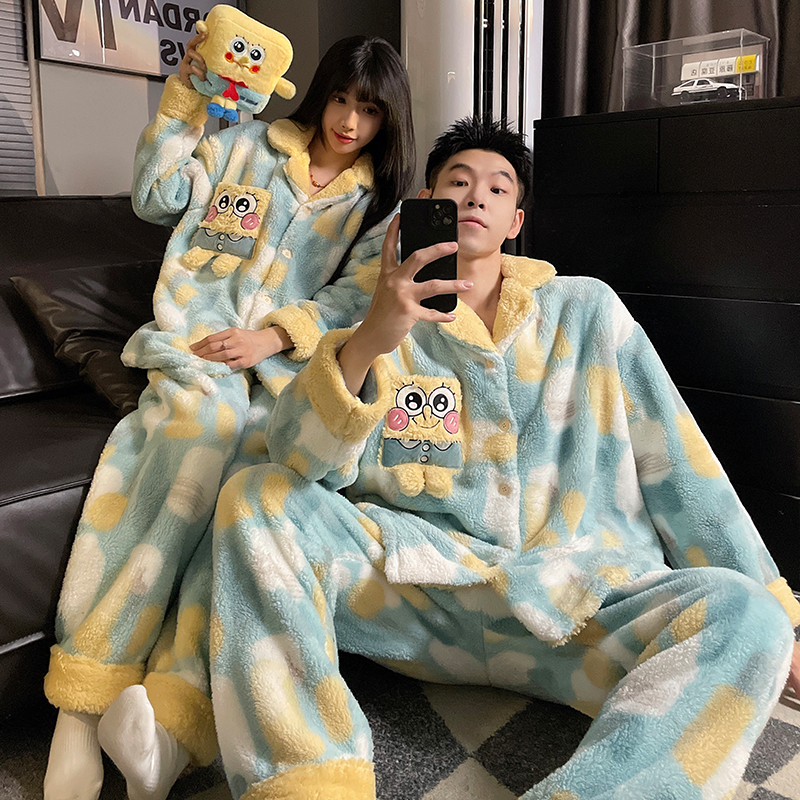 海绵宝宝情侣睡衣女秋冬珊瑚绒加绒加厚青少年冬天男士家居服套装