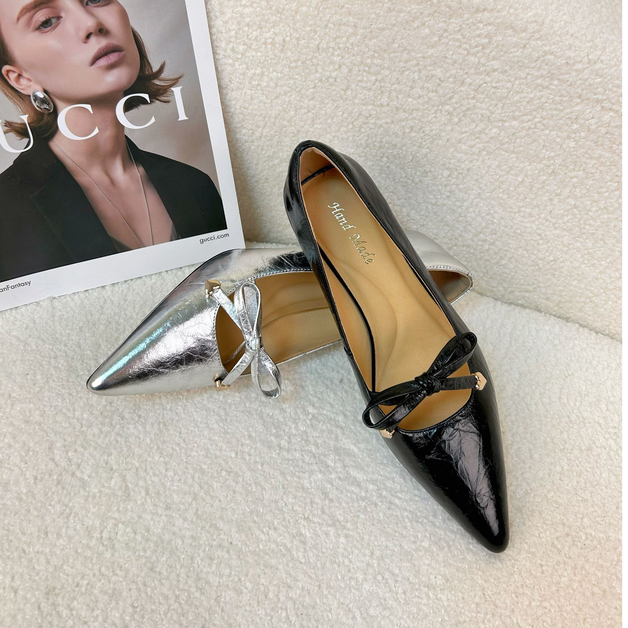 2025春季新款 蝴蝶结羊皮百搭尖头浅口时尚百搭中跟单鞋 086-387