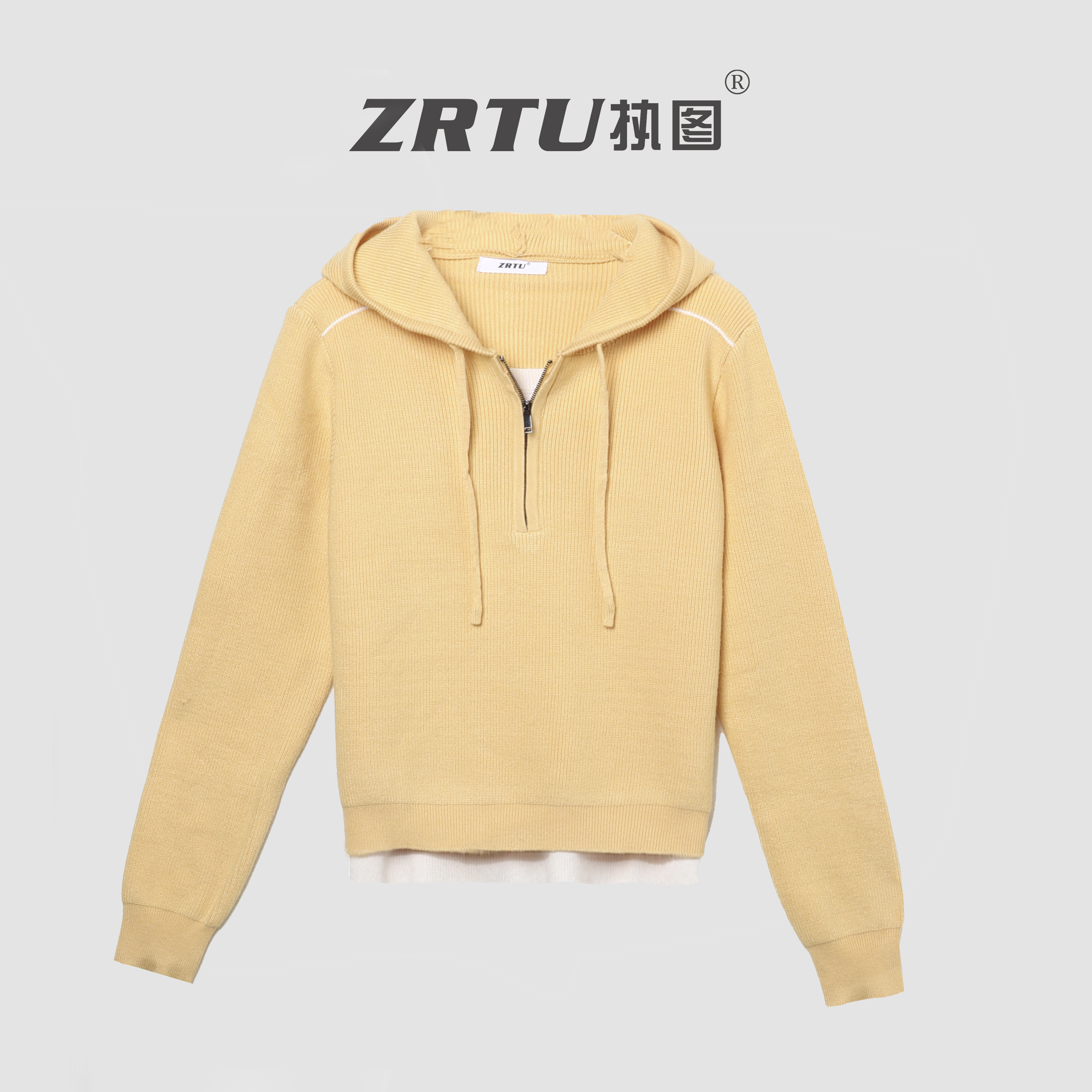 ZRTU/执图针织连帽毛衣女半拉链抽绳修身长袖坑条针织衫上衣