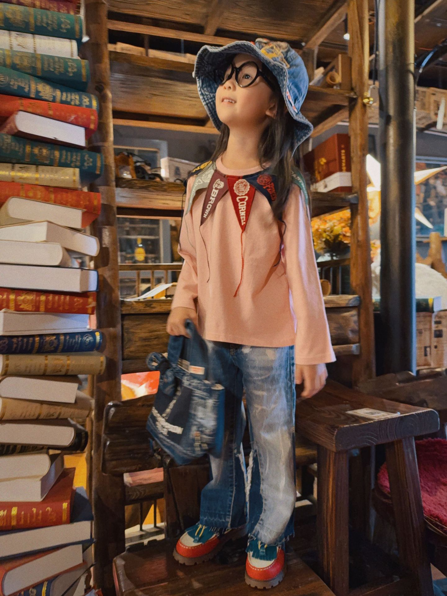 【一彩】定制 25DD中古款 儿童樱花粉棋子长袖T恤 日系潮牌百搭款