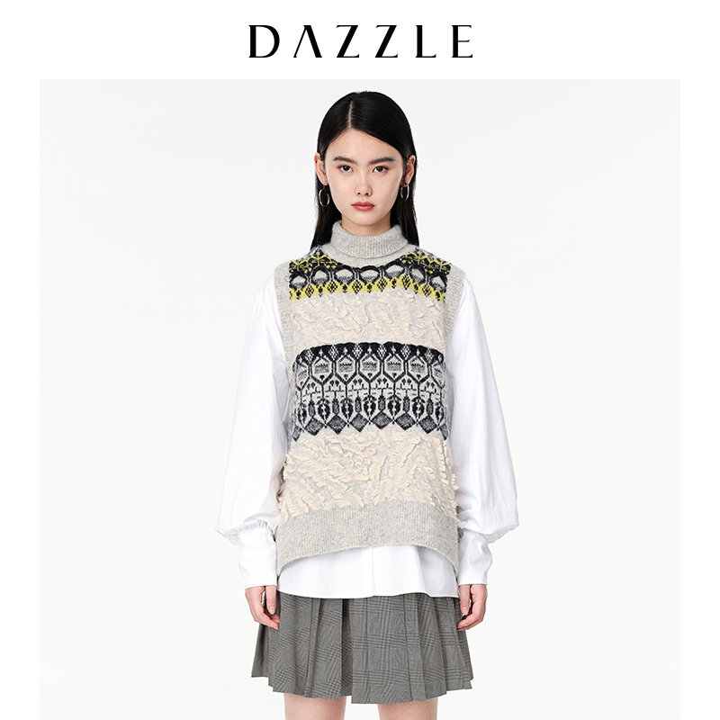 DAZZLE地素两件套针织背心马甲衬衫毛衣女2D4O