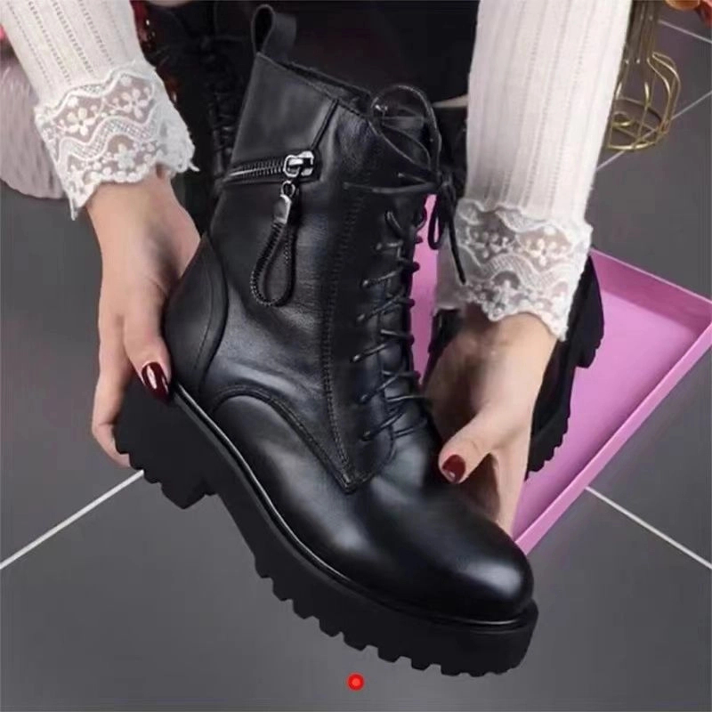 马丁靴女英伦风中跟单靴2024秋冬加绒保暖短靴子厚底雪地靴女