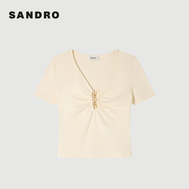 SANDRO2026春季新款时尚金属装饰扣V领短款收腰针织衫SFPTS01775