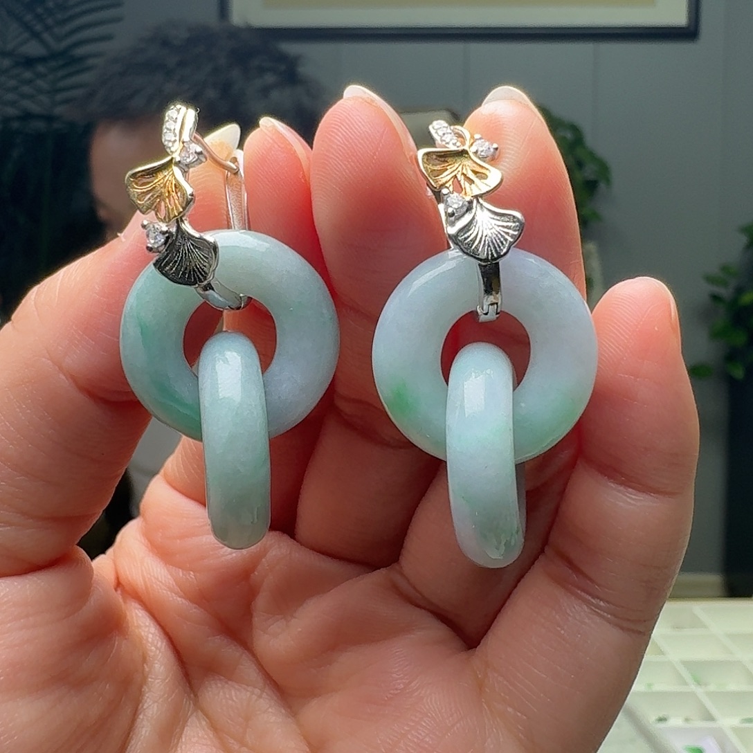 翡翠银S925镶嵌耳饰天然