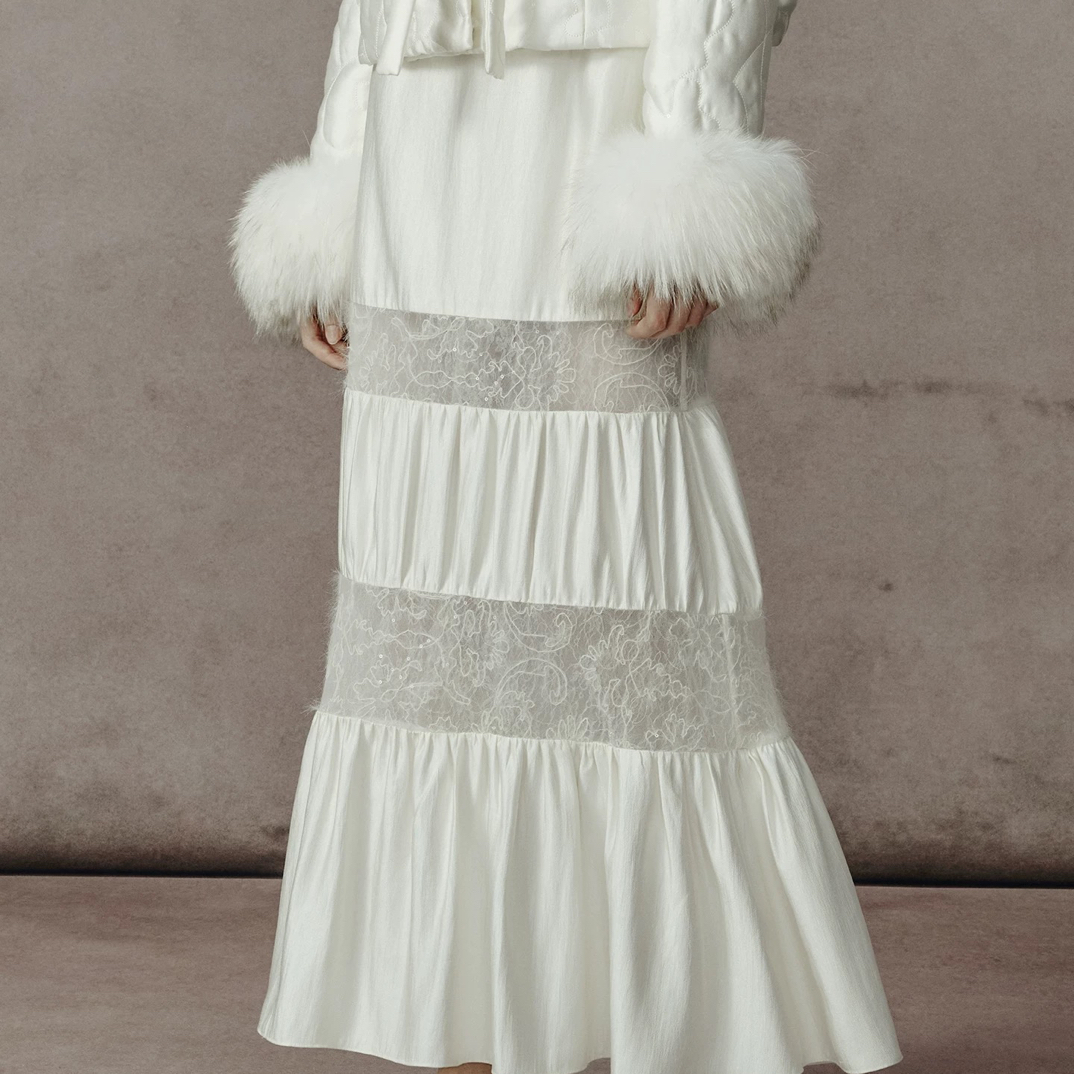 SHETELLS2025冬季新品云层叠梦拼接蕾丝鱼尾裙女修身褶皱修身半裙