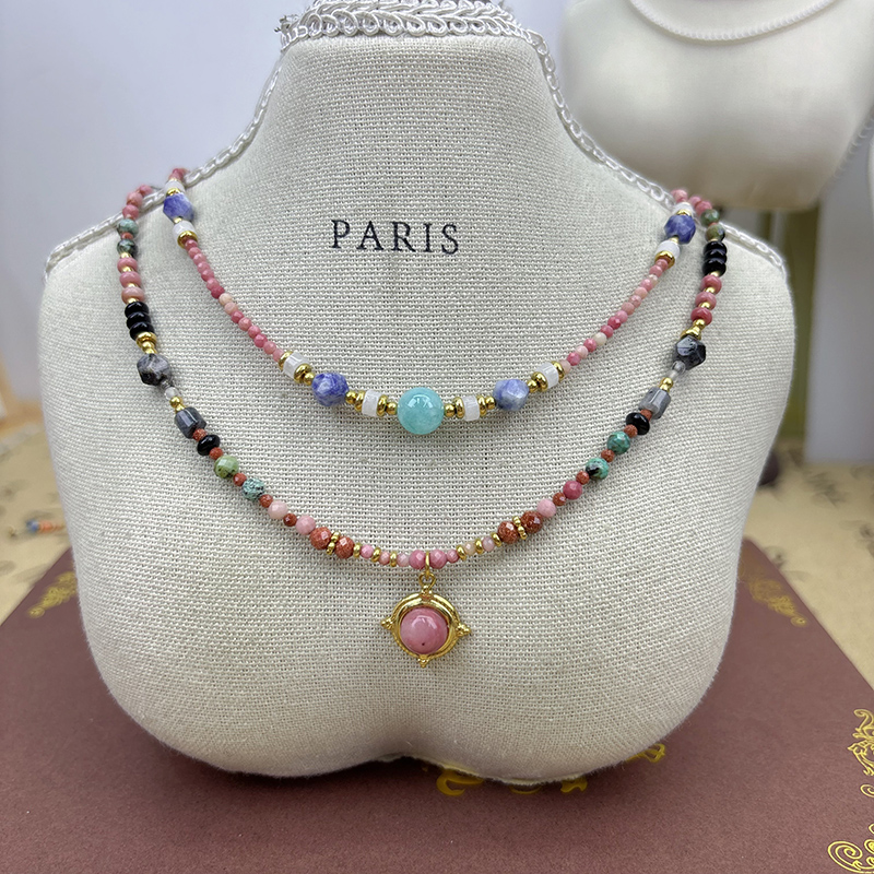 天然蔷薇石吊坠锁骨链淡水珍珠粉色项链