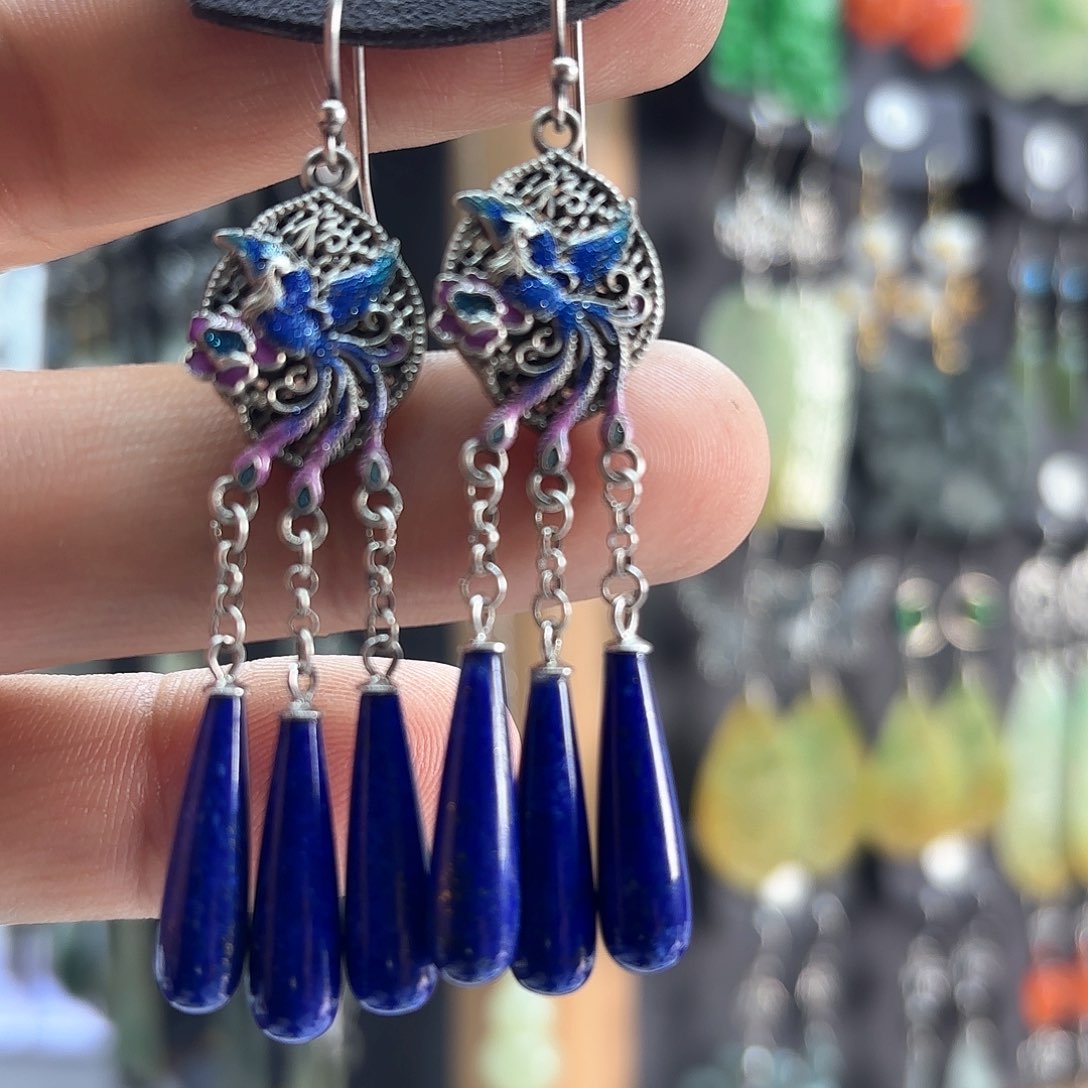 青金石耳饰银S925镶嵌燕*伤