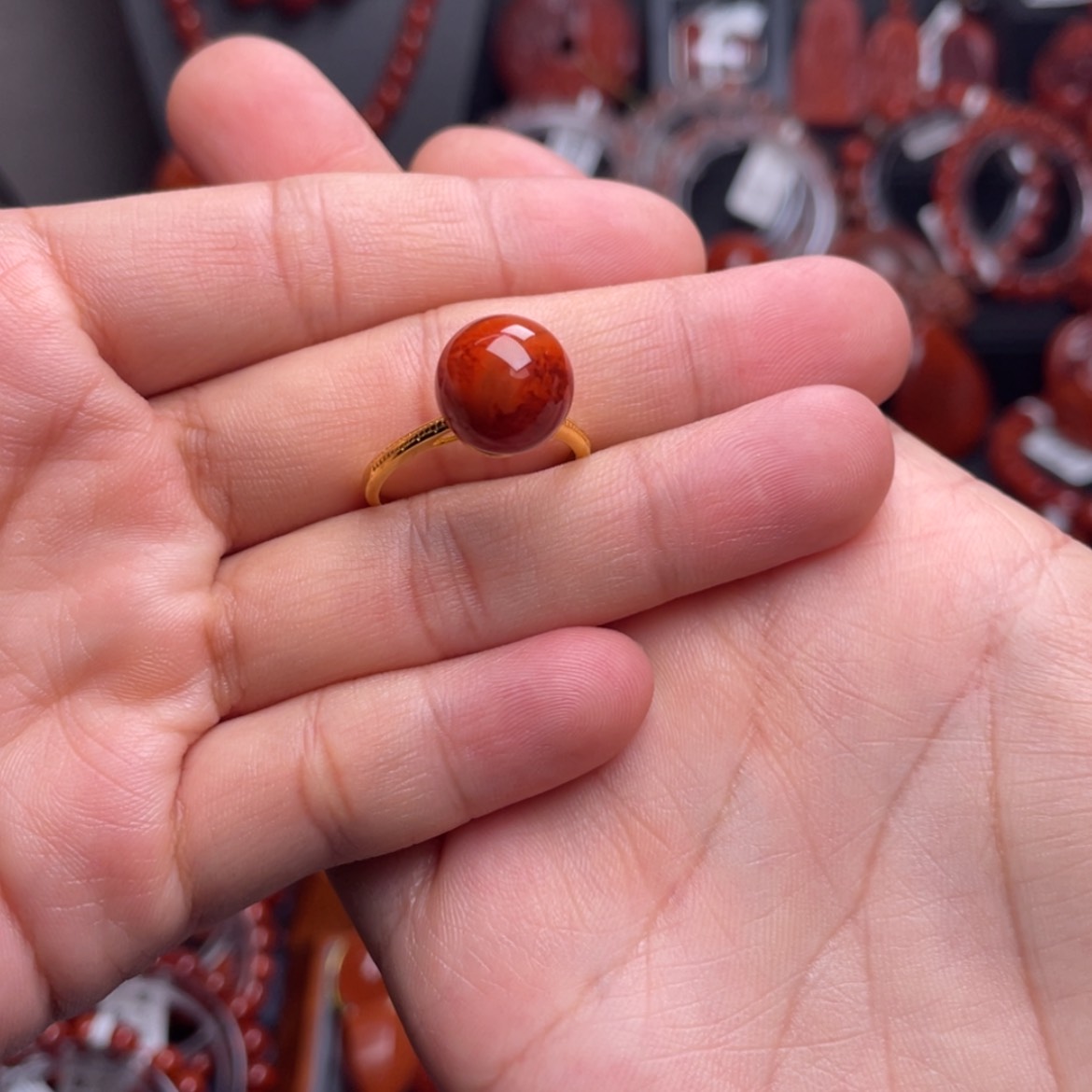 【闪购商品】银S925镶嵌圆珠戒指南红玛瑙