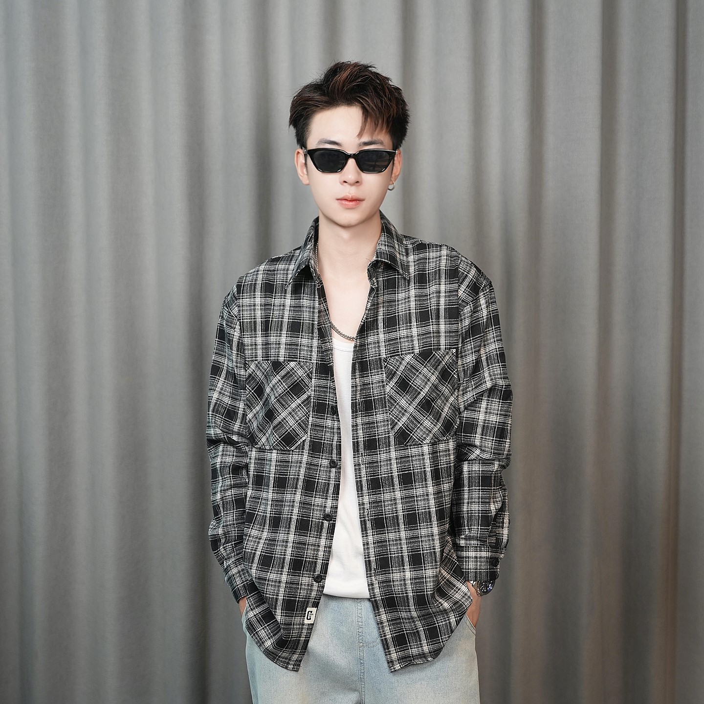 秋季厚款长袖衬衫男复古磨毛格子港风双口袋衬衣休闲宽松百搭上衣